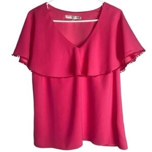 Trina Turk Women’s Blouse Size L Fuchsia Pink Ruffle Overlay V-Neck Top Pom Trim